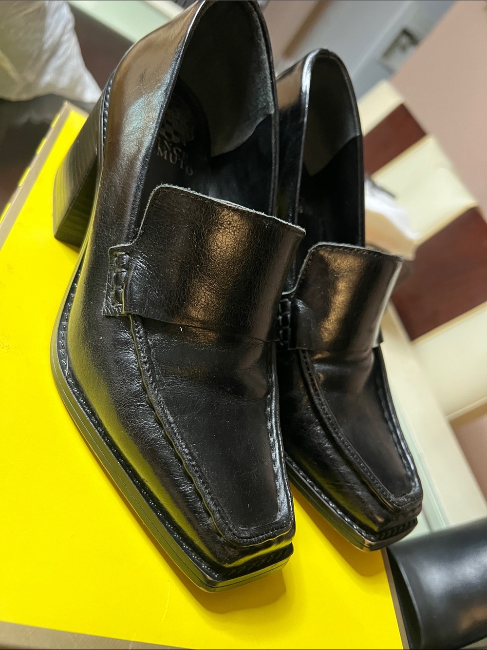 Vince Camuto Black Leather Square-Toe Block Heel Loafers